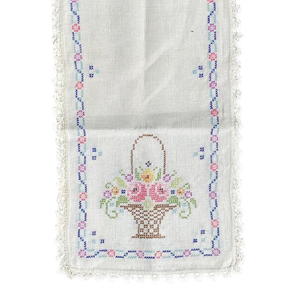 Vintage 40"x12" Hand-Stitched Needlework Tablecloth/Runner Flower Basket w/Trim - Picture 1 of 8